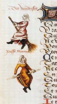 detail from a 1451 manuscript, Hexenflug der Vaudoises(Witch-flight of the Waldensians) by Martin Le France